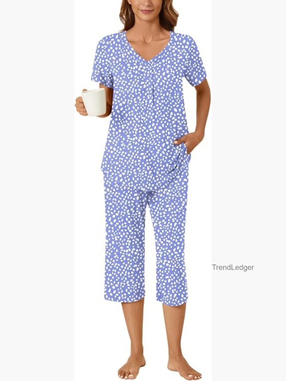 Women's Pajama Set 2 Piece Lounge Outfit Short Sleeve V Neck Capri Pant Pockets